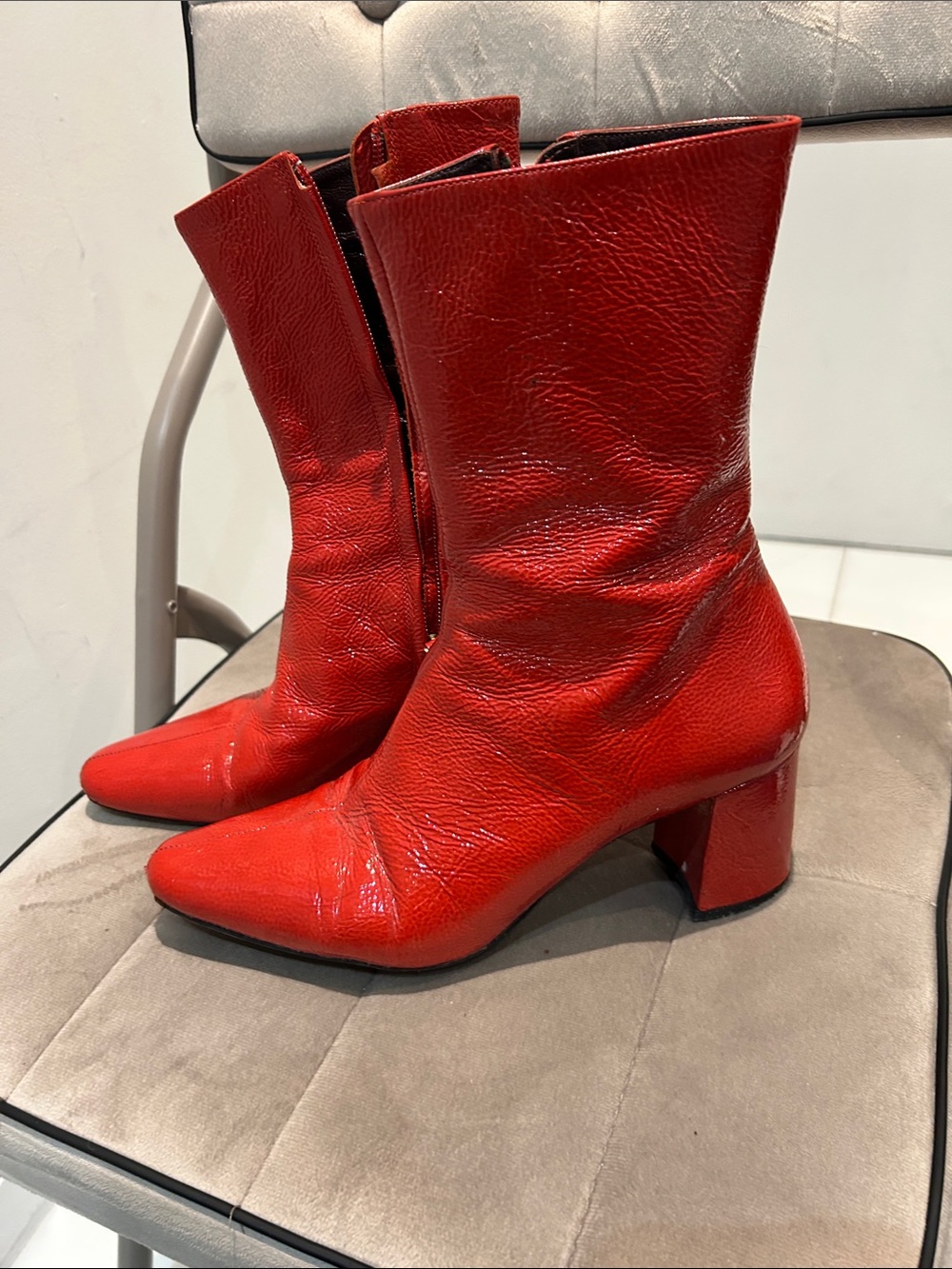 Women's Red Mid-Calf Block Heel Boots